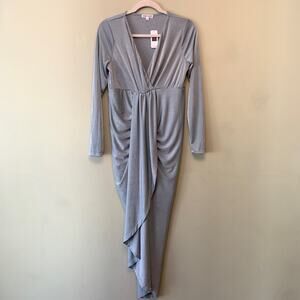 Bump Biddy Dress Maternity M Blue-Gray Drape Jersey Maxi V-Neck Long Sleeves New